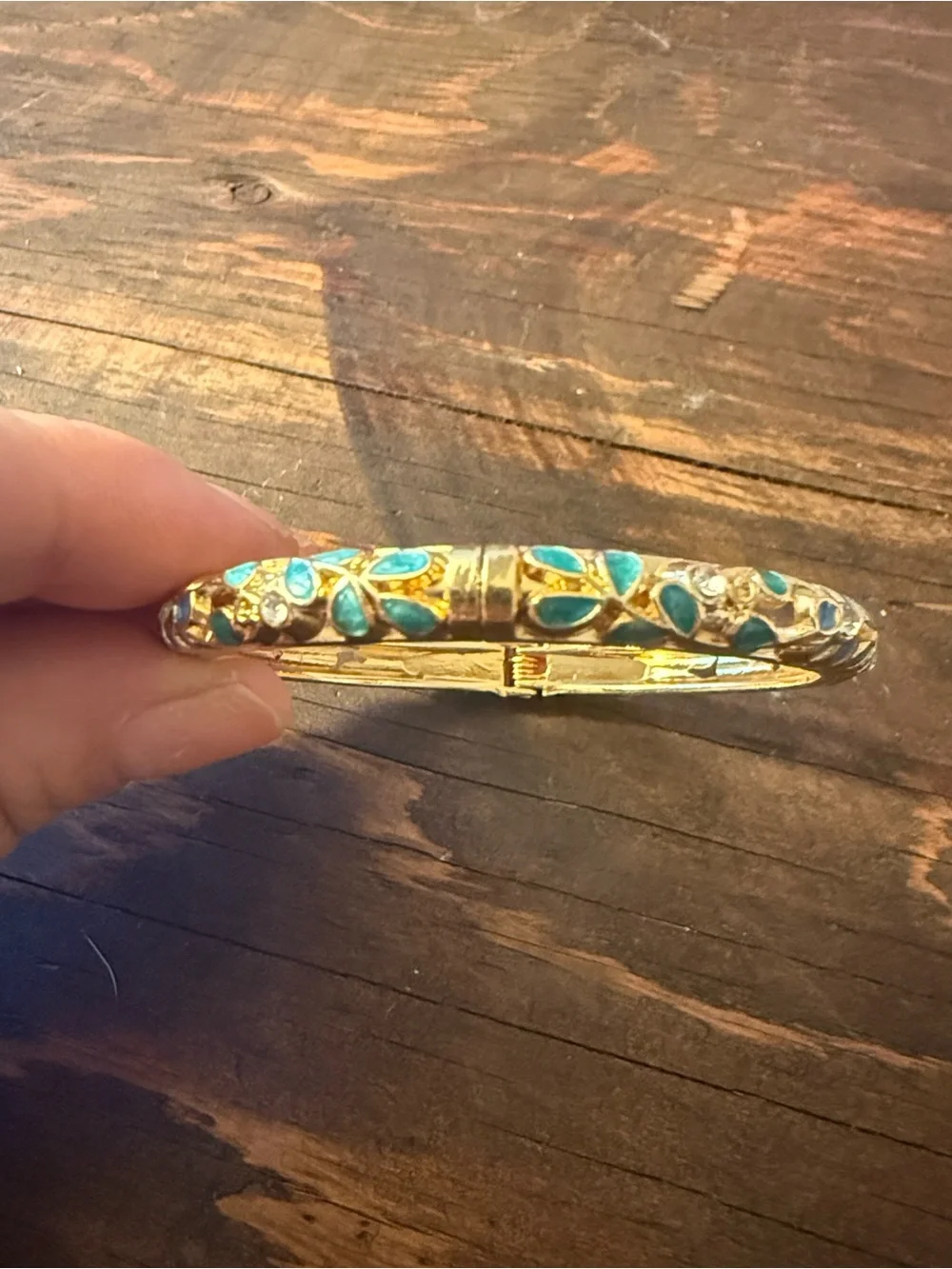 Gold Plated Blue Floral Enamel Bangle Bracelet Rhinestones
